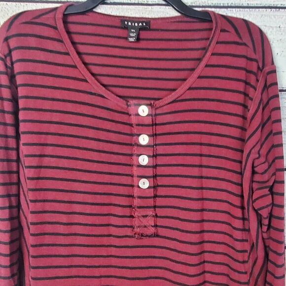 Tribal Women’s Burgundy Black Striped Henley Long Sleeve Top Size L Button Front - Picture 2 of 5